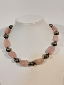 Vintage Pink Amethyst Silver bead Necklace 16"