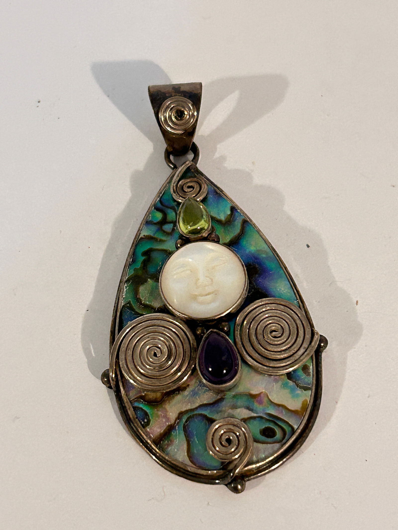SAJEN 925 Sterling Silver Vintage Abalone Shell Peridot Moonstone Gem Pendant 3" (1 of 4)