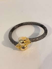 Vintage Sterling Silver skull leather Bracelet stretch 8"