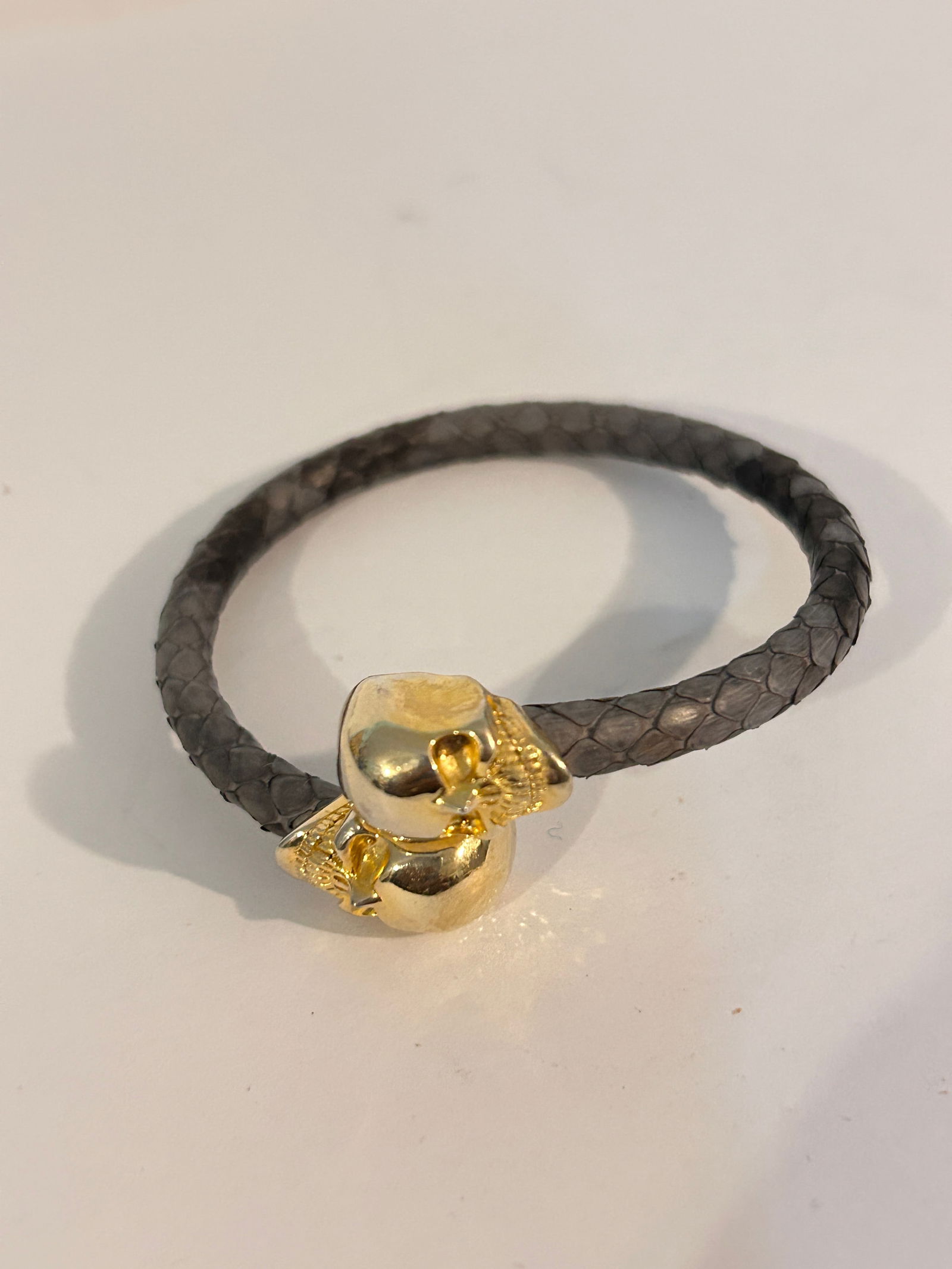 Vintage Sterling Silver skull leather Bracelet stretch 8" (1 of 5)