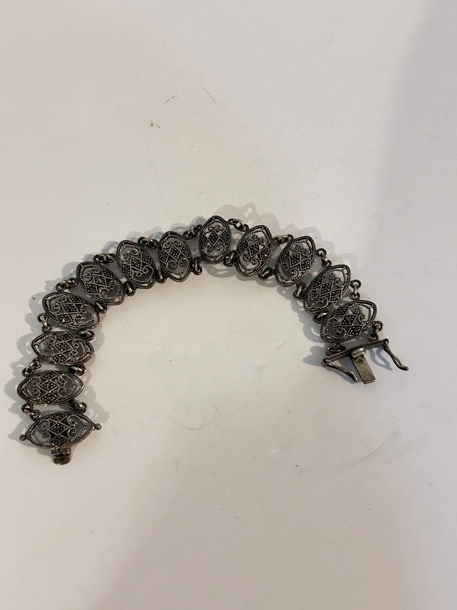 Vintage Sterling Silver filigree marcasite Bracelet 7.5" (1 of 4)