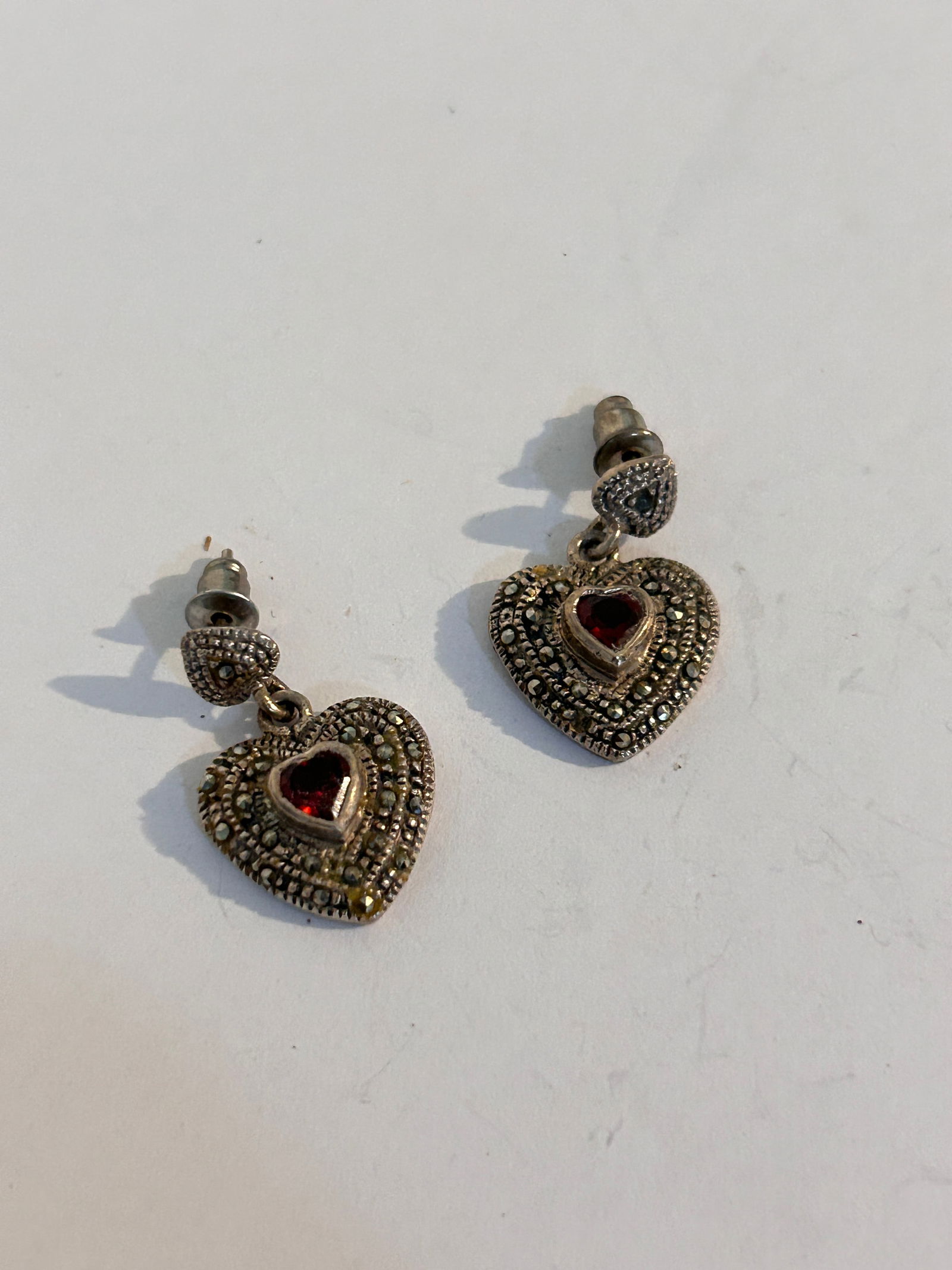 Vintage Sterling Silver Amethyst heart marcasite Earrings: Vintage Sterling Silver Amethyst heart marcasite Earrings Please view all photos as they are part of the description and condition of this Item, Feel free to contact me with questions or picture reque