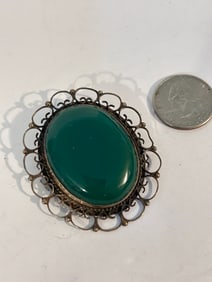Vintage Sterling Silver Green filigree Pendant 2 1/4"