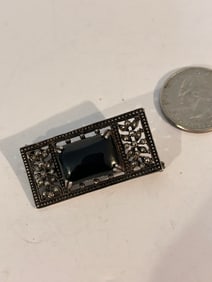 Vintage Sterling Silver onyx marcasite filigree 1800s Pendant