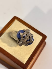 Vintage Sterling Silver Lapis Blue marcasite Ring sz 6