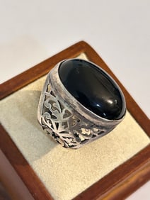Vintage ISRAEL Sterling Silver Filigree Onyx Modernist Ring sz 6