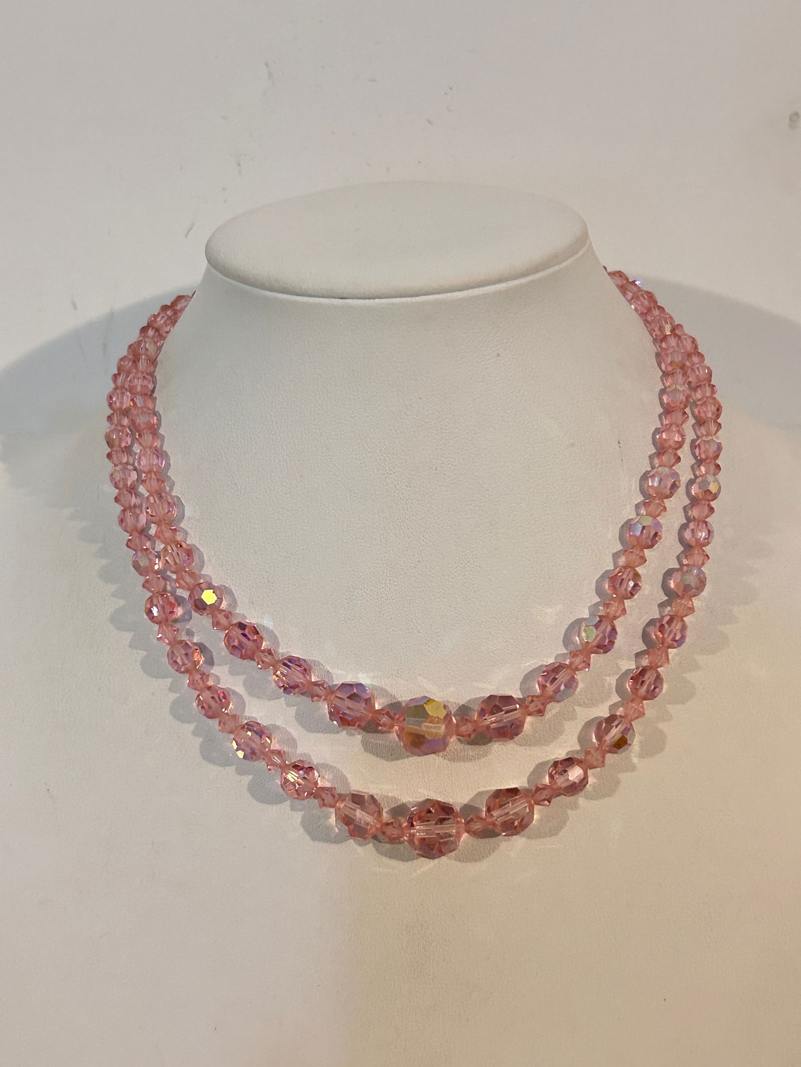 Vintage Pink Crystal Glass 2 strand Necklace Sz 14": Vintage Pink Crystal Glass 2 strand Necklace Sz 14" Please view all photos as they are part of the description and condition of this Item, Feel free to contact me with questions or picture requests! U