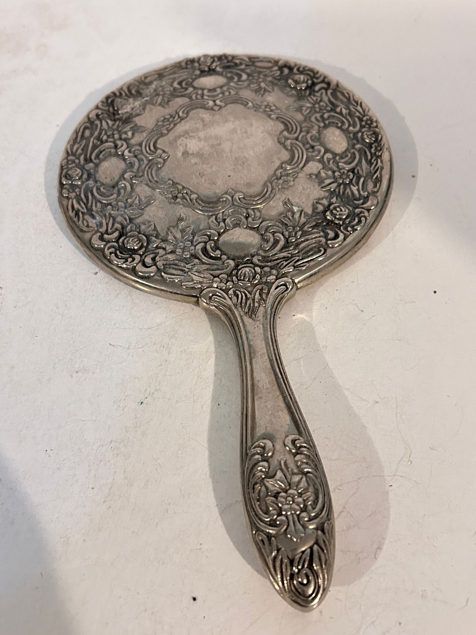 Vintage Handheld Vanity Mirror Silver Ornate Heavy Art Nouveau 9 1/2" (1 of 3)