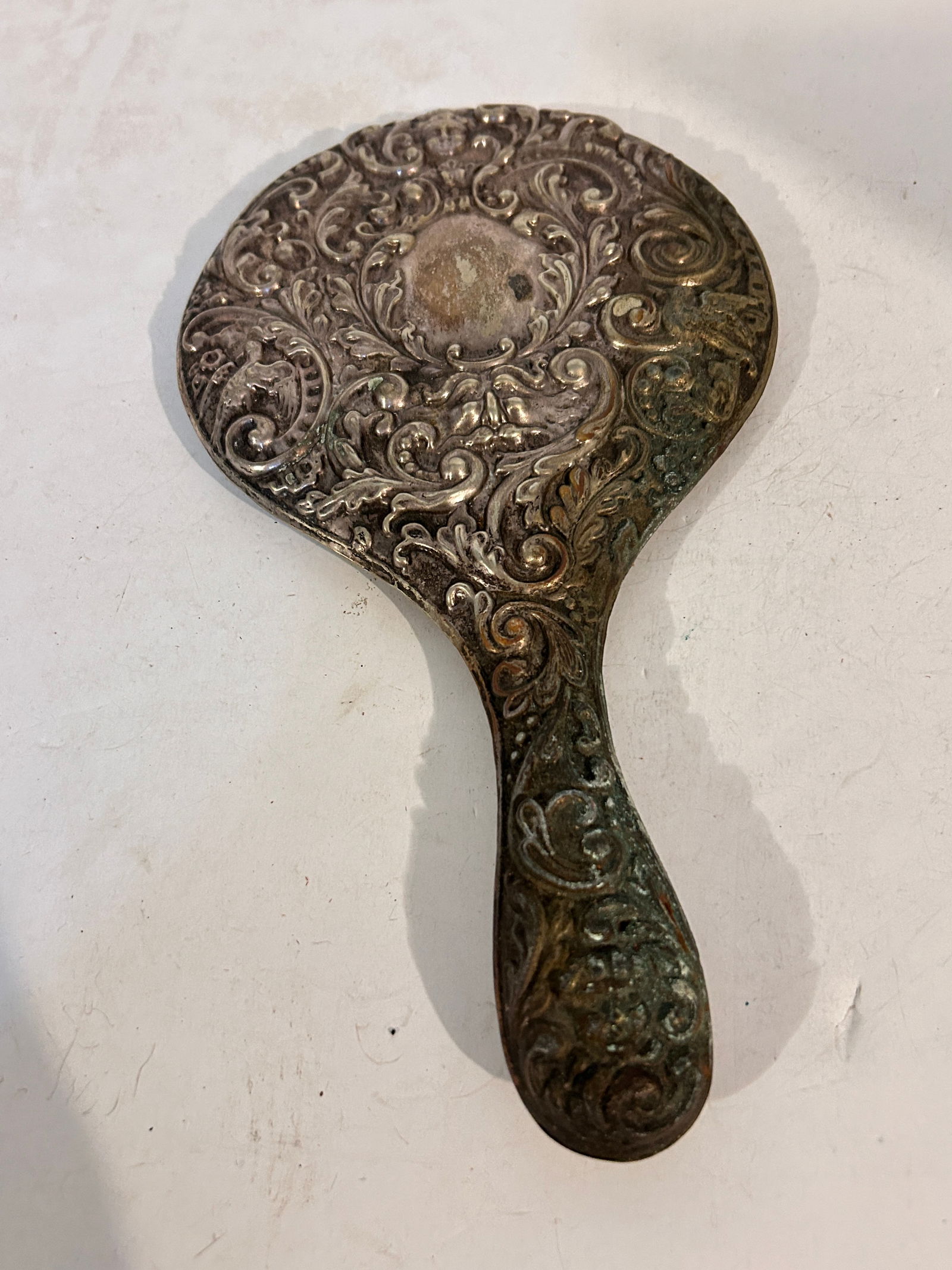 Vintage Handheld Vanity Mirror Silver Copper Ornate Heavy Art Nouveau 11 1/2" (1 of 4)