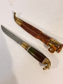 Vintage Scout Knife Fine Quality Engraved Horse Head Finnish Poukko Knife C.1940s 4 1/2" with sheath