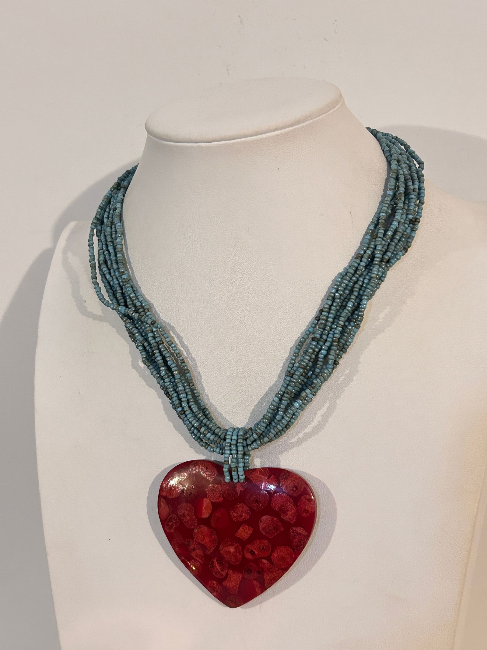 Vintage Turquoise beaded Jasper red heart pendant Necklace 16" (1 of 4)