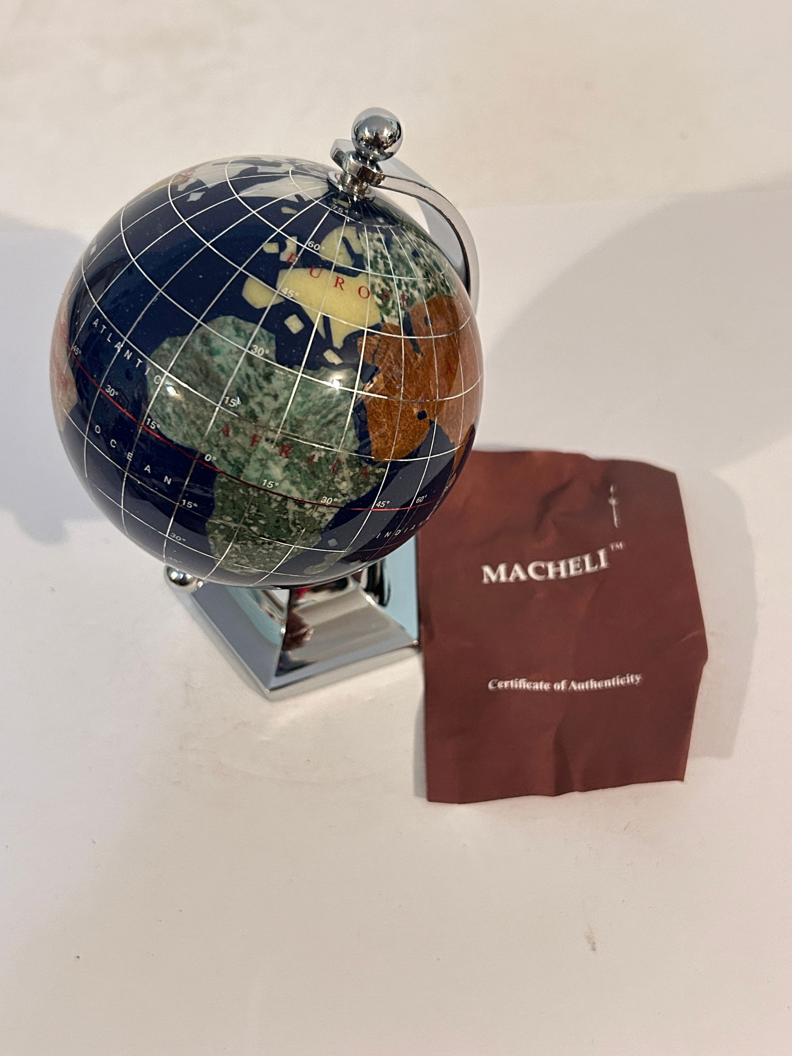 Vintage Lapis Lazuli Macheli Tabletop Desk Top Globe Inlaid Semiprecious Gems (1 of 8)