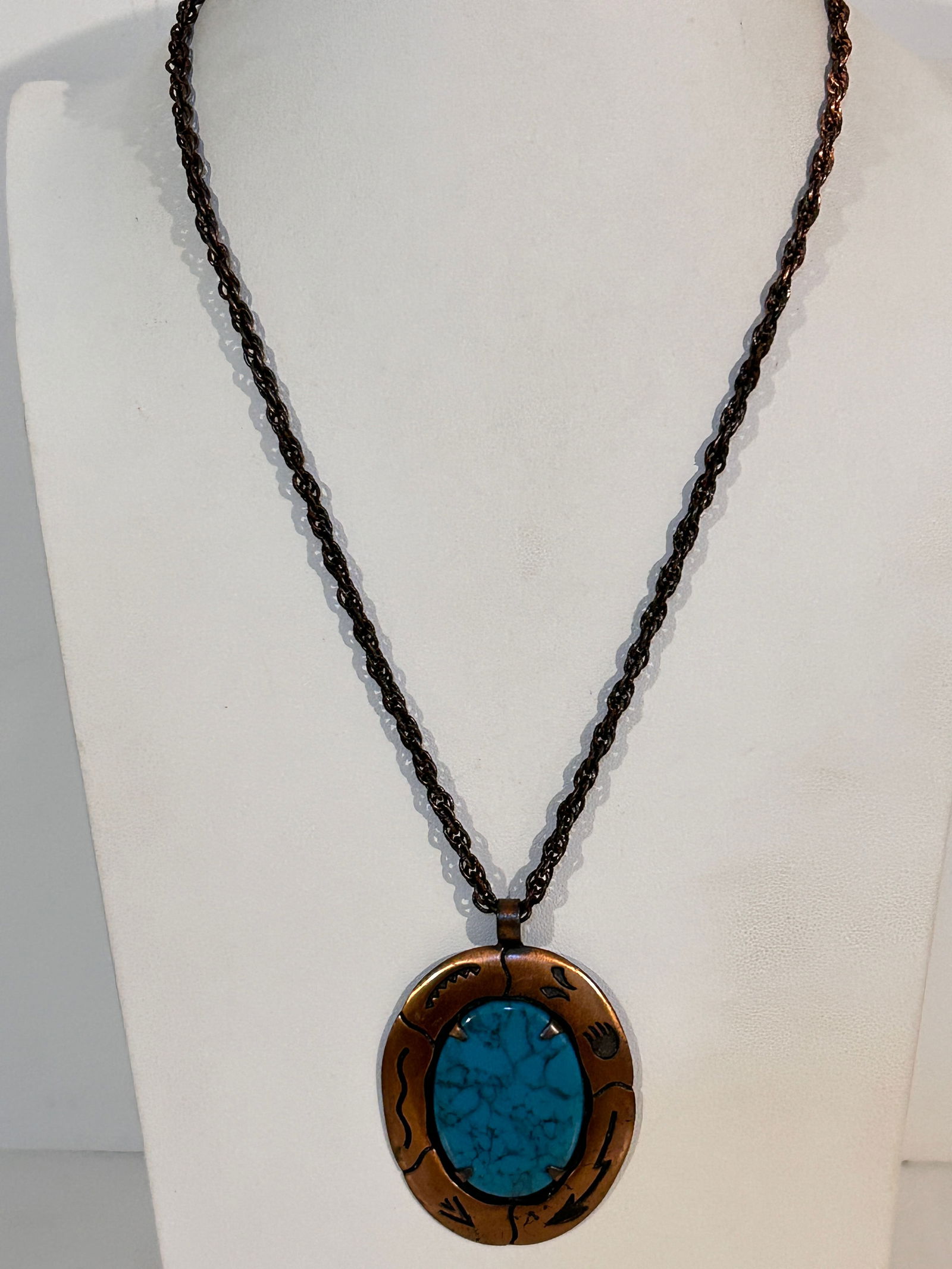 Vintage Solid Copper Faux Turquoise pendant Necklace Sz 22" (1 of 6)