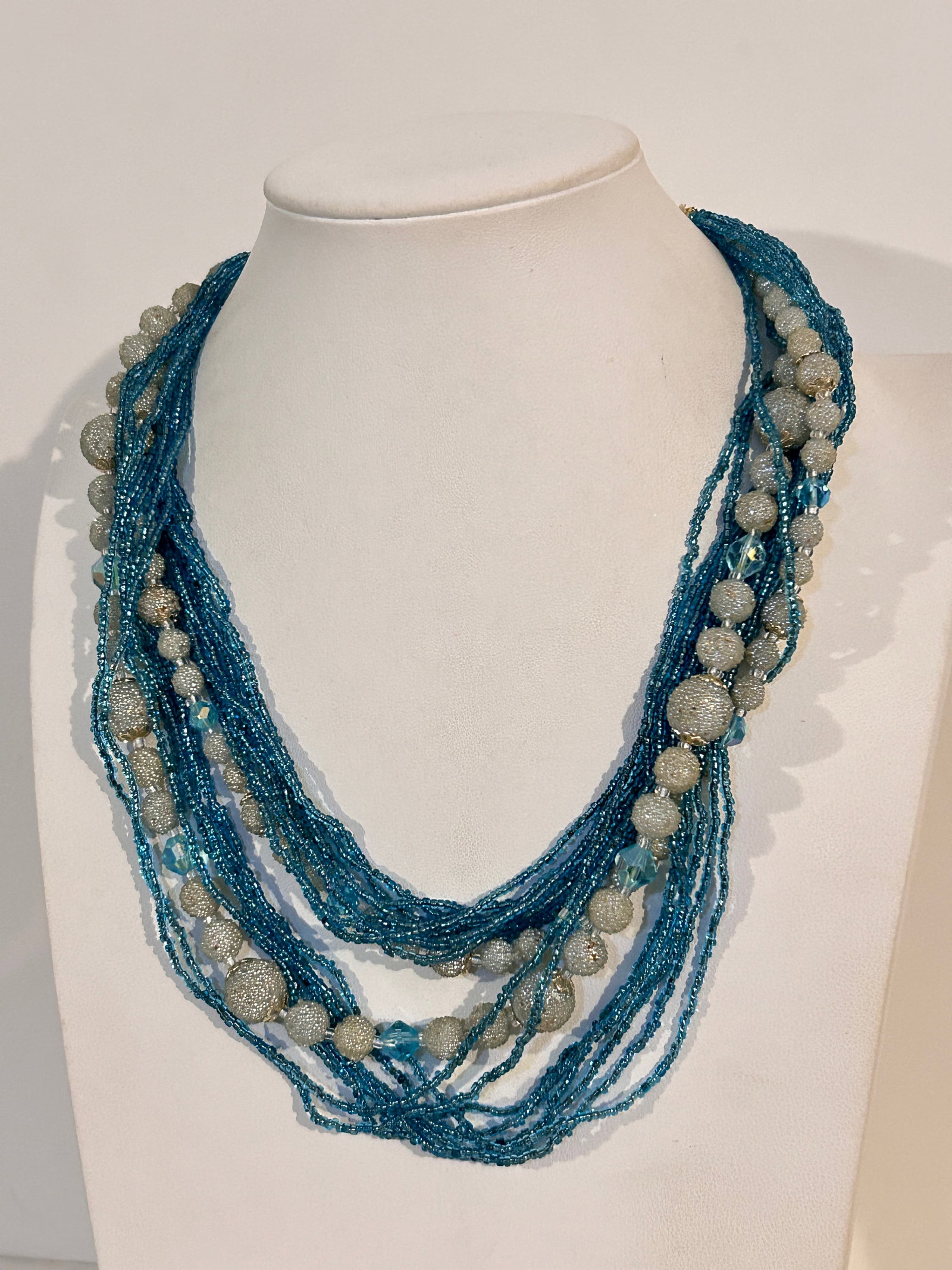 Vintage Japan Blue bead 4 strand Necklace Sz 18": Vintage Japan Blue bead 4 strand Necklace Sz 18" Please view all photos as they are part of the description and condition of this Item, Feel free to contact me with questions or picture requests! Used