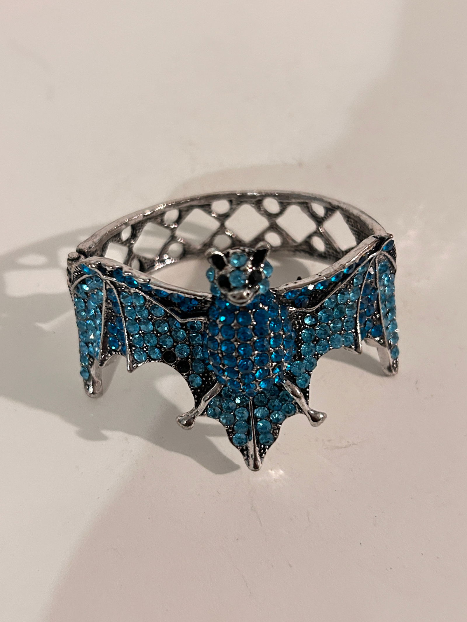 Vintage Blue Bat Rhinestone Hinged Bracelet 7" missing two stones (1 of 4)
