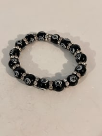 Vintage Evil Eye black glass stretch Bracelet Sz 7"