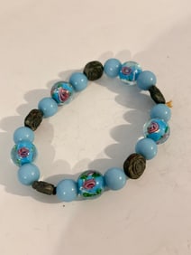 Vintage blue Murano bead stretch Bracelet Sz 8"