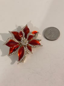 Vintage Red enamel Rhinestone floral Brooch