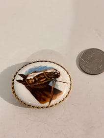 Vintage gold tone hand painted horse Brooch