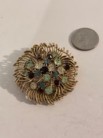 Vintage Graziano Rhinestone Swirl Pin Brooch Gold Tone