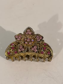 Vintage Gold tone Rhinestone hinged floral Hair Clip