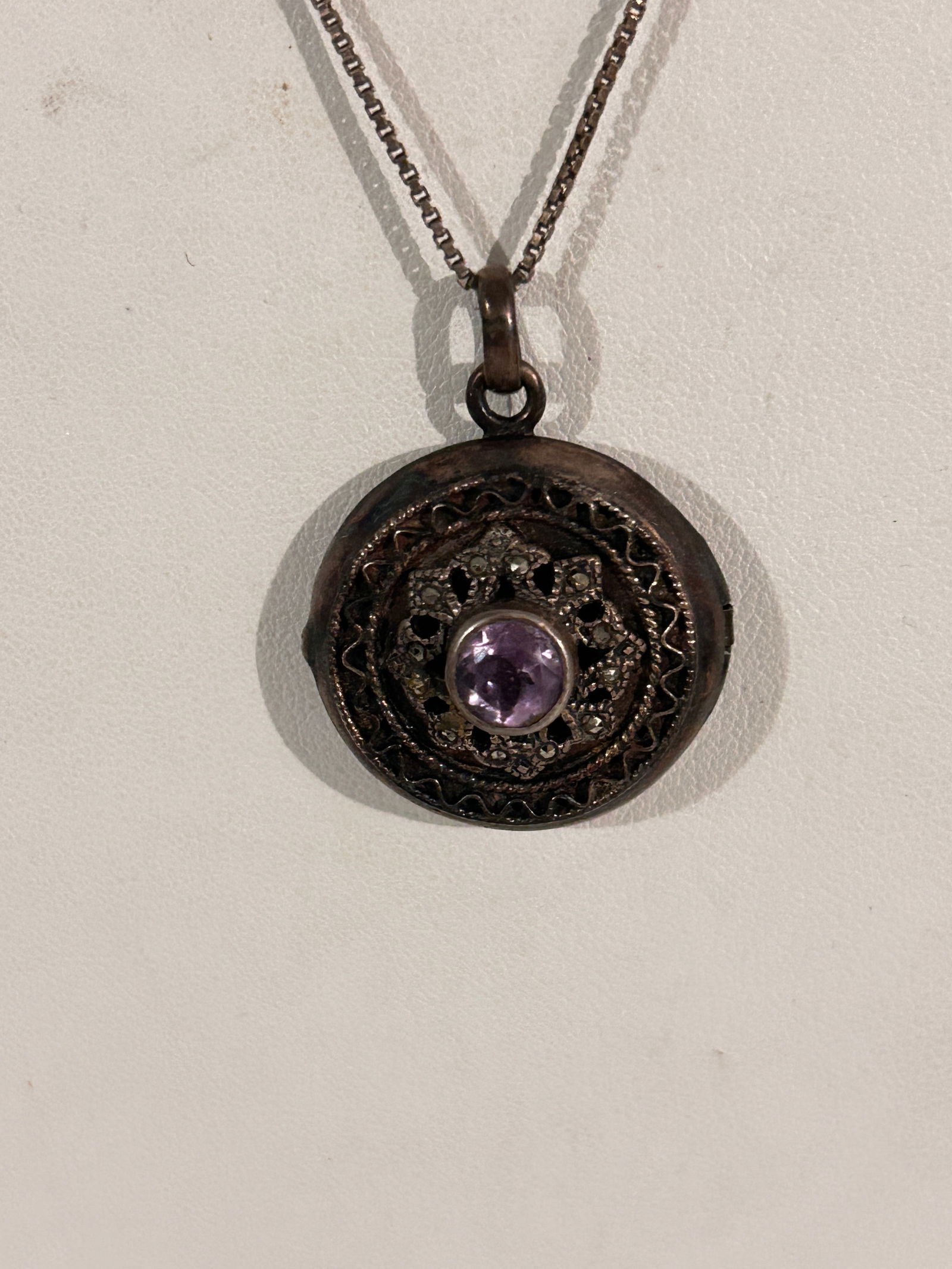 Vintage Amethyst Sterling Silver locket marcasite Necklace 21": Vintage Amethyst Sterling Silver locket marcasite Necklace 21" Please view all photos as they are part of the description and condition of this Item, Feel free to contact me with questions or picture