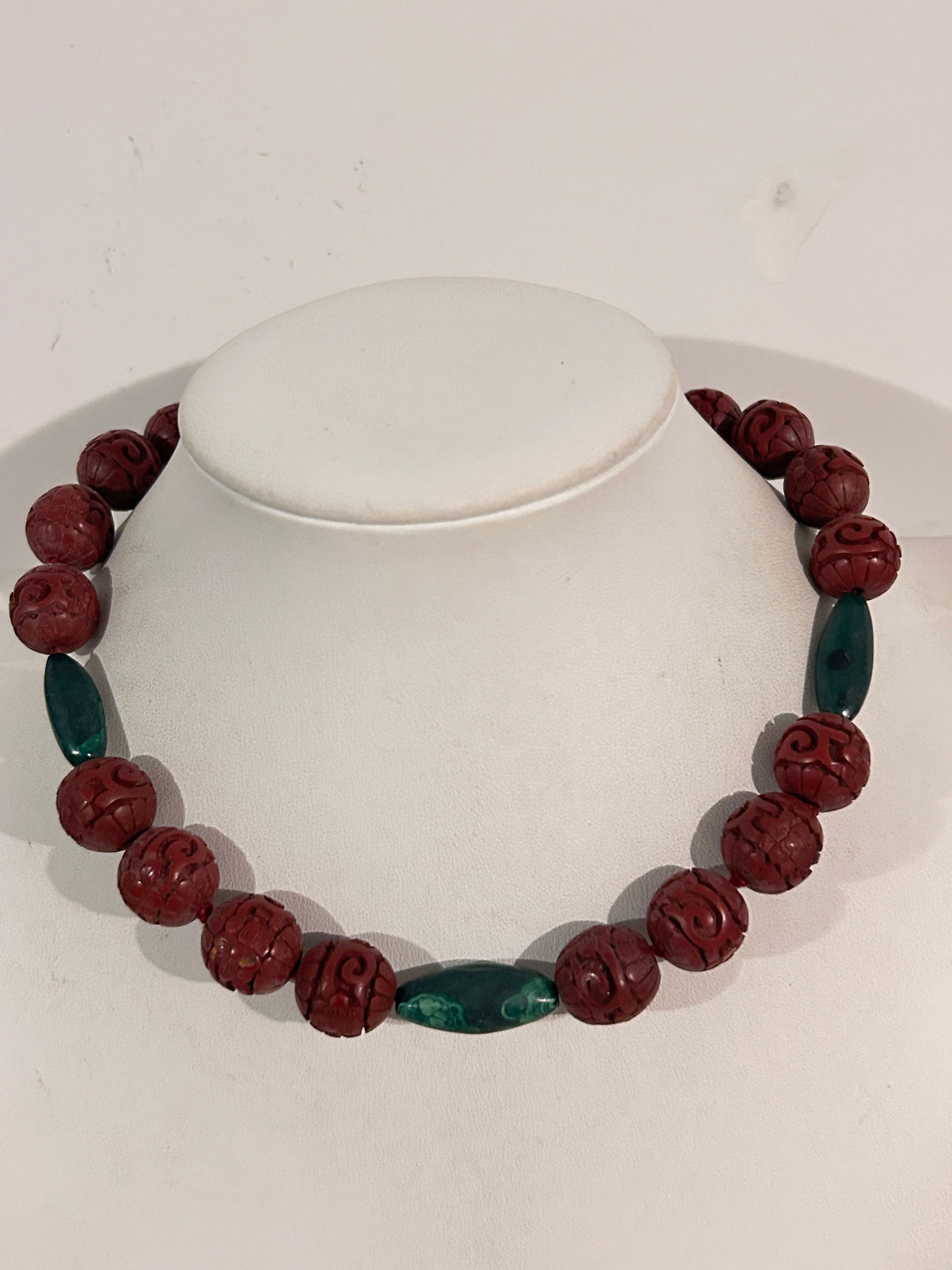 Vintage Chinese Cinnabar Malachite Hand Knotted Bead Necklace Silver Clasp 16" (1 of 5)