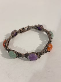 Vintage Sterling Silver Multi Gem stone marcasite Bracelet 8"