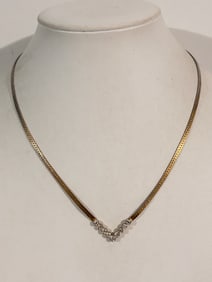 Vintage Gold tone Rhinestone V Necklace Sz 16"
