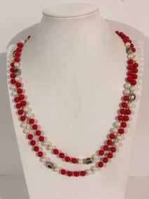 Vintage Red White beaded Necklace Sz 56"