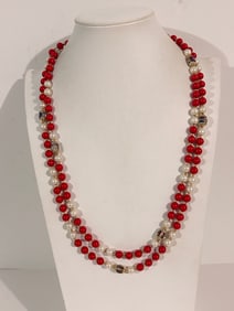 Vintage Red White beaded Necklace Sz 56"