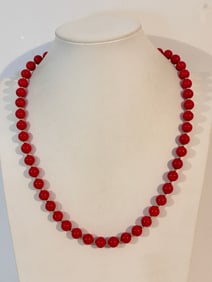 Vintage Silver red bead glass Necklace 22"
