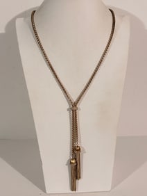 Vintage Gold tone Rhinestone double tassel Necklace Sz 30"