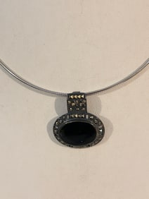 Vintage Sterling Silver onyx NF marcasite choker Necklace 14"