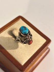 Vintage Sterling Silver Navajo Turquoise Coral Ring Sz 4