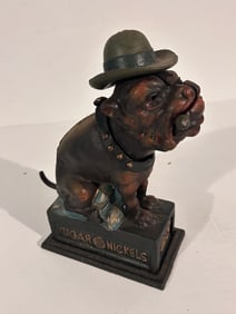 VTG Ole Puffer Cast Iron Mechanical Coin Bank Bulldog Smoking Cigar Repo missing eye