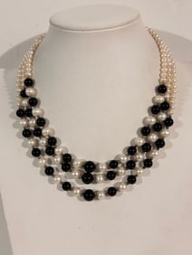 Vintage Faux Pearl onyx bead 3 strand Necklace Sz 16"