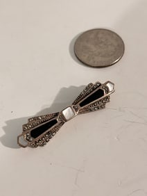 Vintage Sterling Silver mother of pearl onyx marcasite Brooch