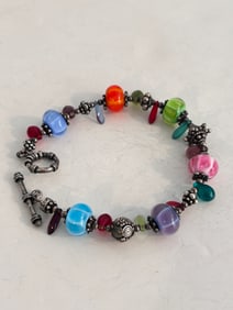 VTG Lee Cox 925 Sterling Silver & Multi Colored Hand Blown Glass 7.5" Bracelet