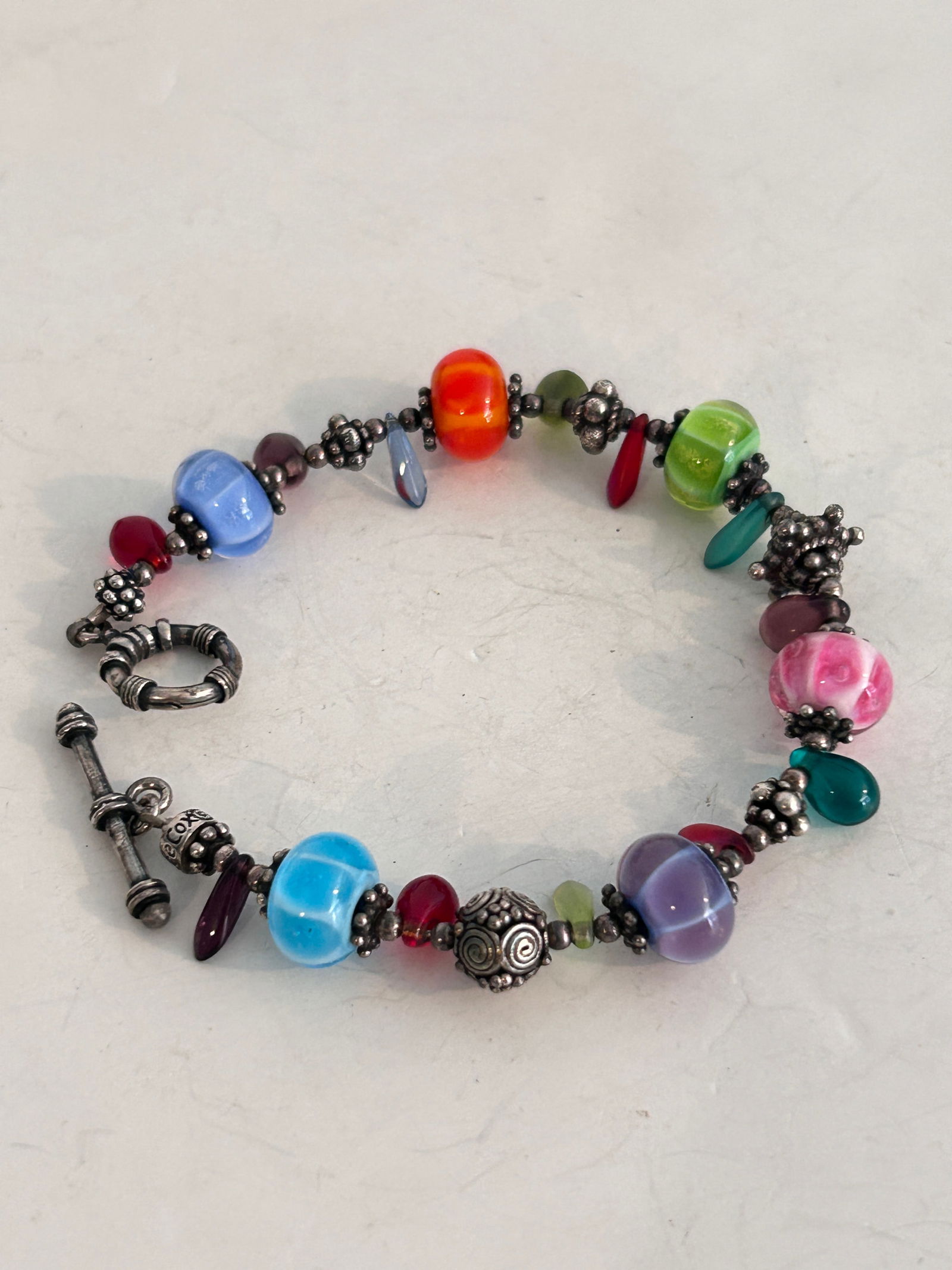VTG Lee Cox 925 Sterling Silver & Multi Colored Hand Blown Glass 7.5" Bracelet (1 of 5)