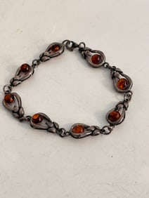 Vintage Sterling Silver Amber Bracelet 7 1/2"