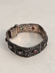 Vintage Sterling Silver Multi Gem stone marcasite Bracelet 7"
