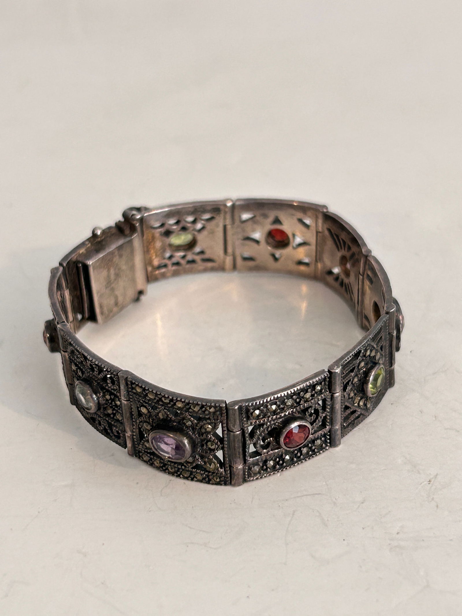 Vintage Sterling Silver Multi Gem stone marcasite Bracelet 7" (1 of 4)