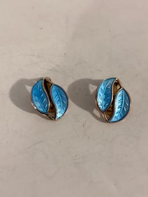 David Andersen Sterling & Blue Enamel Leaf Clip Earrings