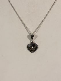 Vintage Sterling Silver marcasite heart pendant Necklace Sz 17"