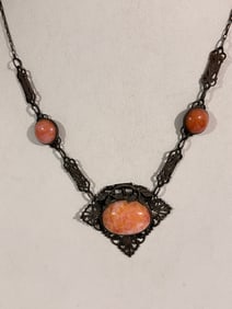 Vintage 1940s Coral Sterling Silver filigree Necklace Sz 16"