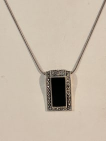Vintage Sterling Silver marcasite onyx pendant Necklace Sz 22"