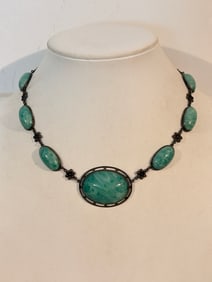 Vintage Sterling Silver 1920s green glass choker Necklace Sz 12"