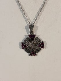 Vintage Sterling Silver Amethyst marcasite Necklace Sz 19"