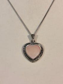 Vintage Sterling Silver pink Amethyst marcasite heart pendant Necklace Sz 17"